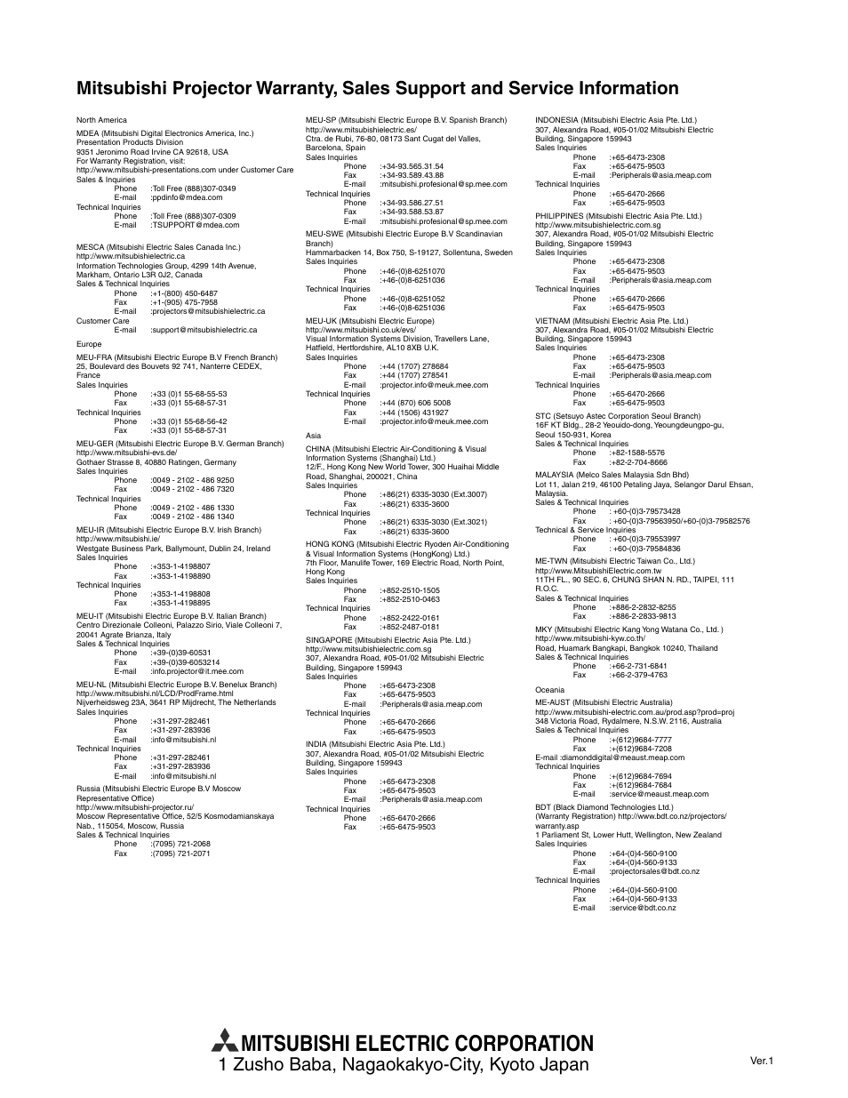 Mitsubishi electric corporation, 1 zusho baba, nagaokakyo-city, kyoto japan | MITSUBISHI ELECTRIC XD250U-ST User Manual | Page 42 / 42