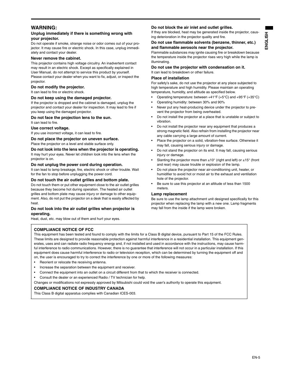 Warning | MITSUBISHI ELECTRIC XD250U-ST User Manual | Page 5 / 42