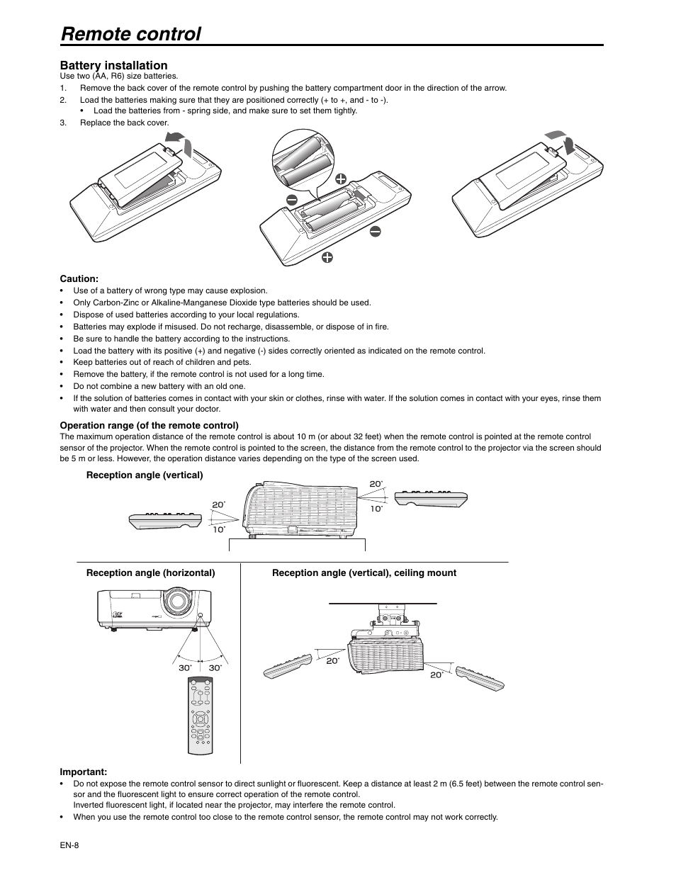 Remote control, Battery installation | MITSUBISHI ELECTRIC XD250U-ST User Manual | Page 8 / 42