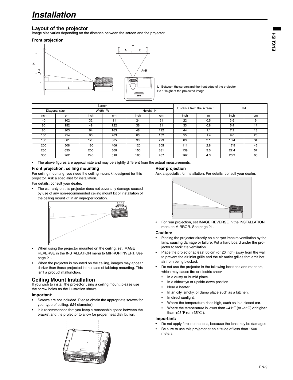 Installation, Layout of the projector, Ceiling mount installation | MITSUBISHI ELECTRIC XD250U-ST User Manual | Page 9 / 42