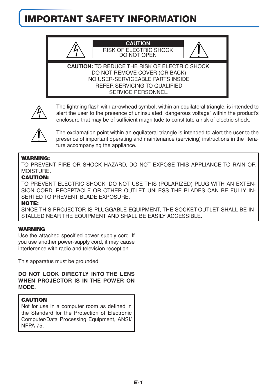 Important safety information | MITSUBISHI ELECTRIC DATA PROJECTOR User Manual | Page 2 / 68