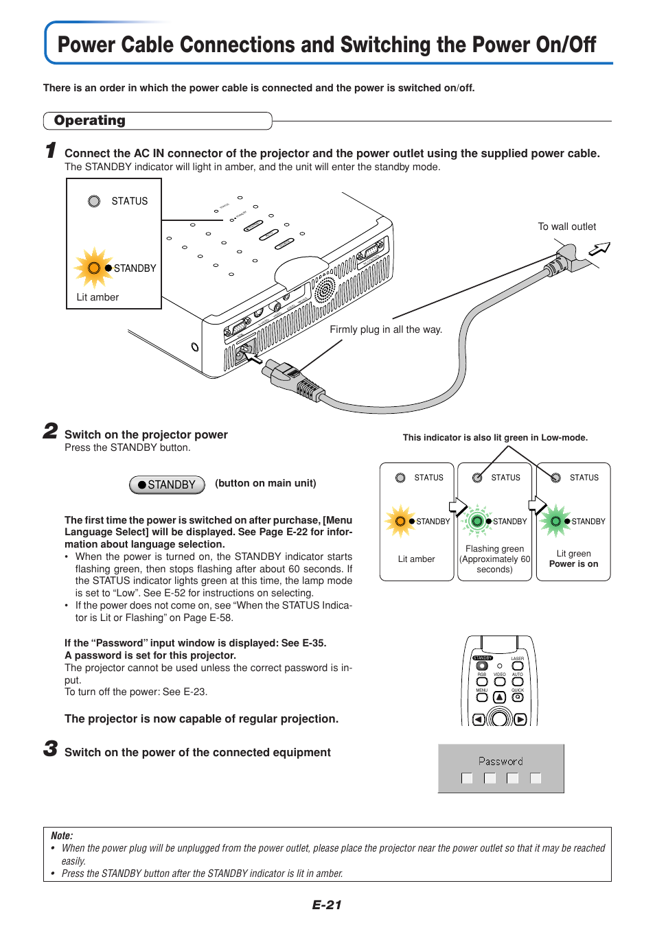 Operating, E-21, Switch on the projector power | The projector is now capable of regular projection, Switch on the power of the connected equipment, Standby | MITSUBISHI ELECTRIC DATA PROJECTOR User Manual | Page 22 / 68