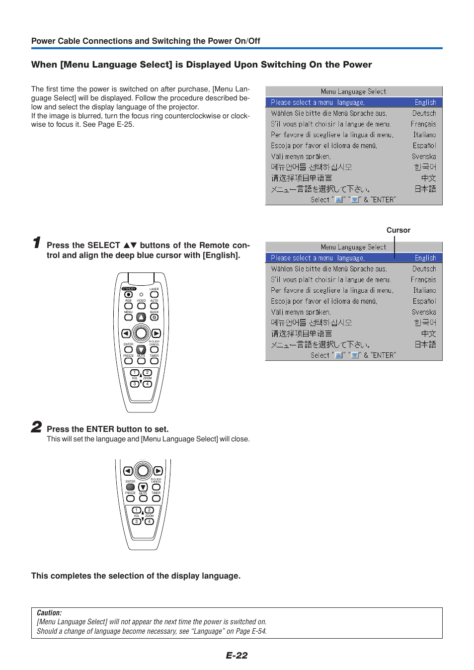 Press the enter button to set, Cursor | MITSUBISHI ELECTRIC DATA PROJECTOR User Manual | Page 23 / 68