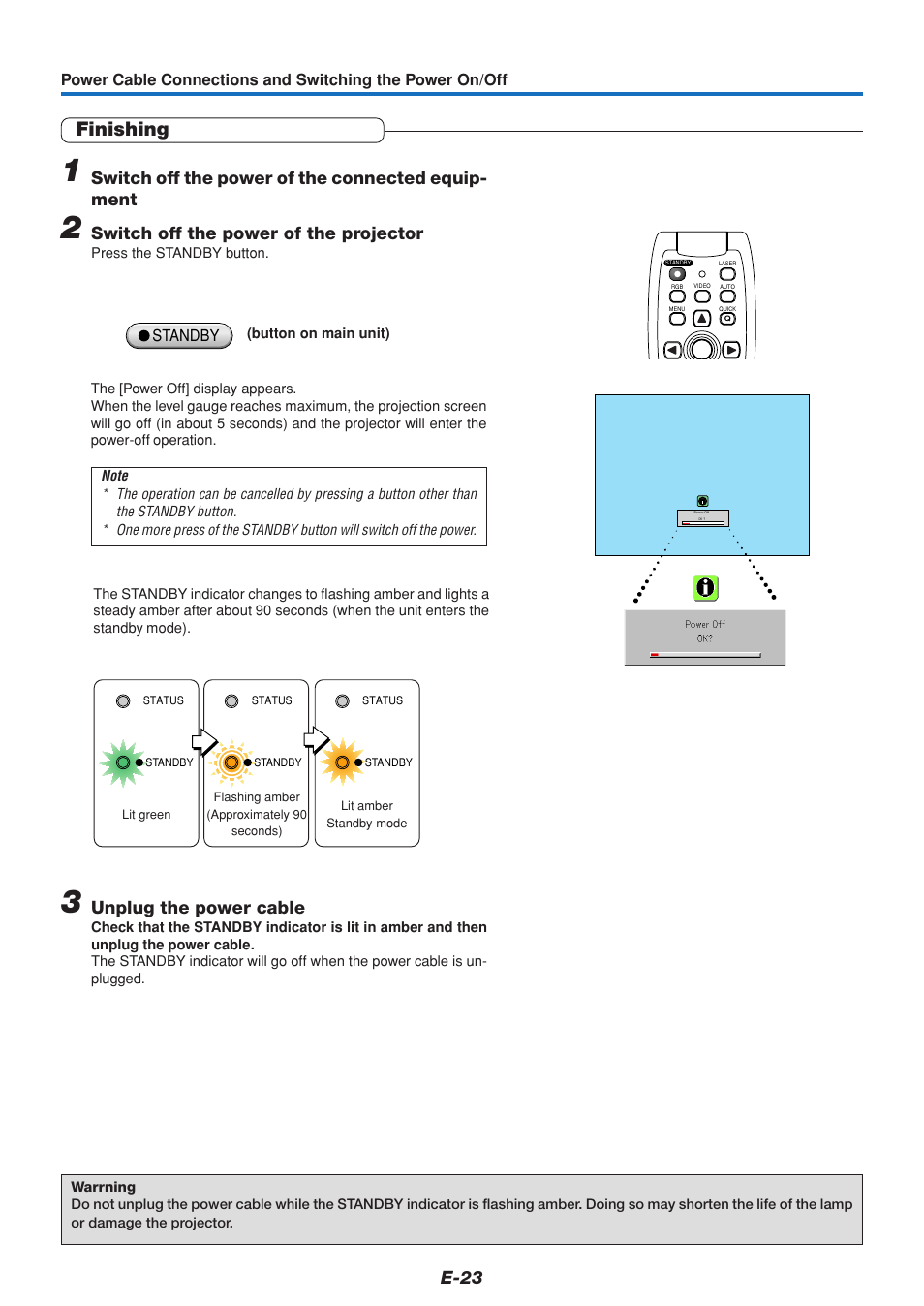 Finishing, E-23, Switch off the power of the connected equip- ment | Switch off the power of the projector, Unplug the power cable | MITSUBISHI ELECTRIC DATA PROJECTOR User Manual | Page 24 / 68