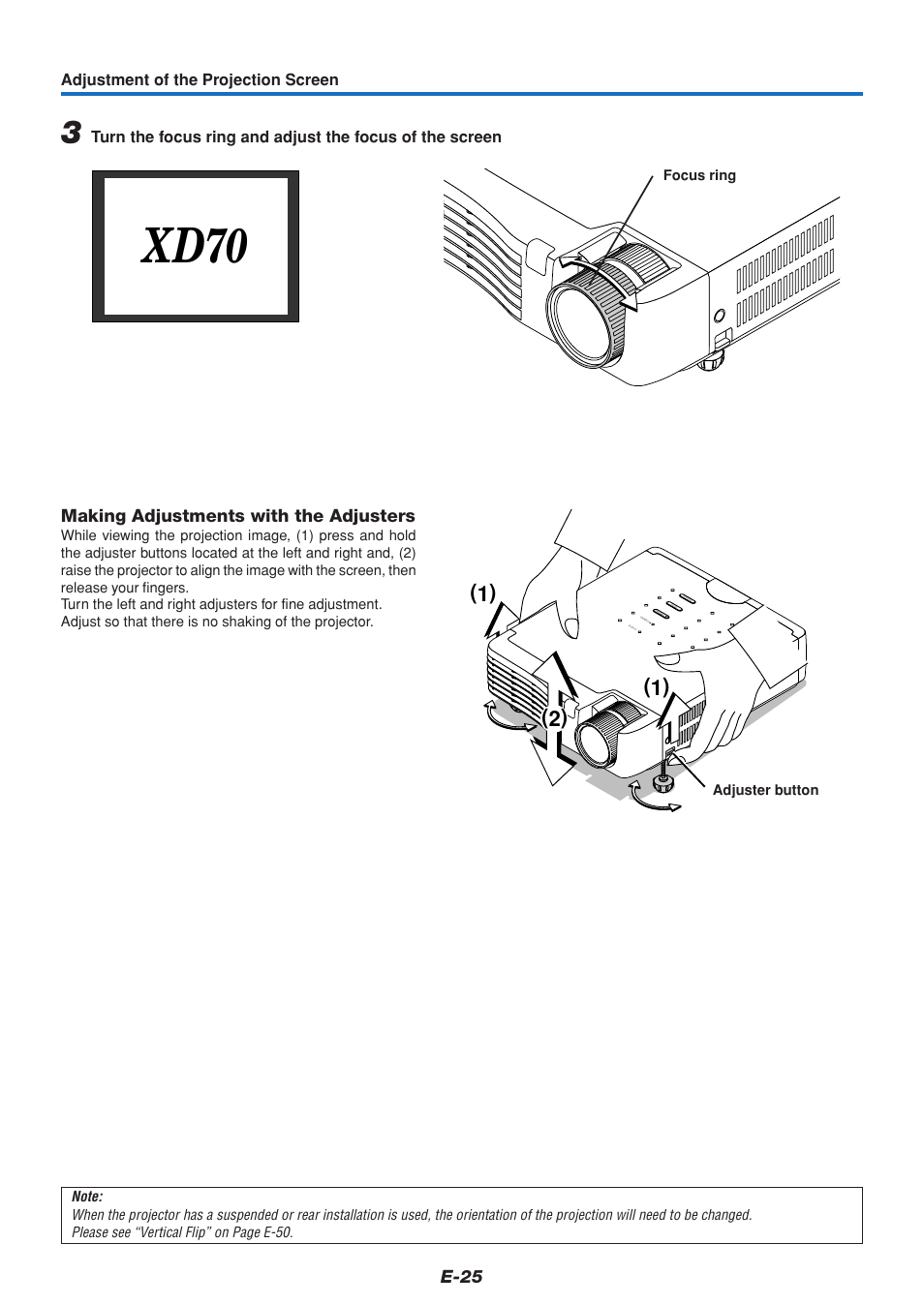 Xd70, E-25, Making adjustments with the adjusters | MITSUBISHI ELECTRIC DATA PROJECTOR User Manual | Page 26 / 68