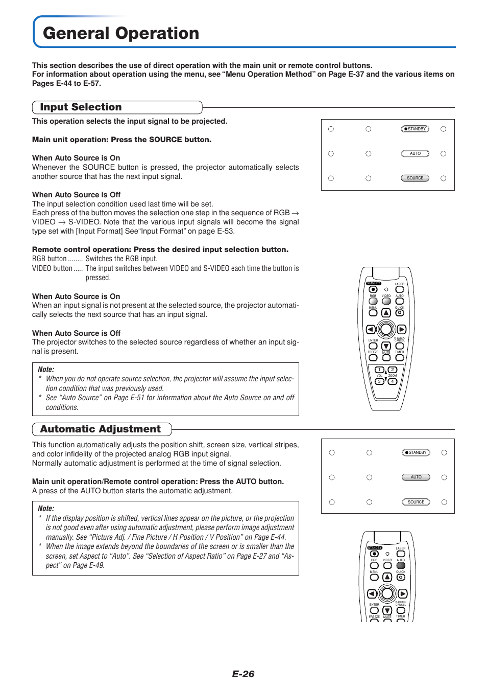 General operation, Input selection, Automatic adjustment | E-26 | MITSUBISHI ELECTRIC DATA PROJECTOR User Manual | Page 27 / 68