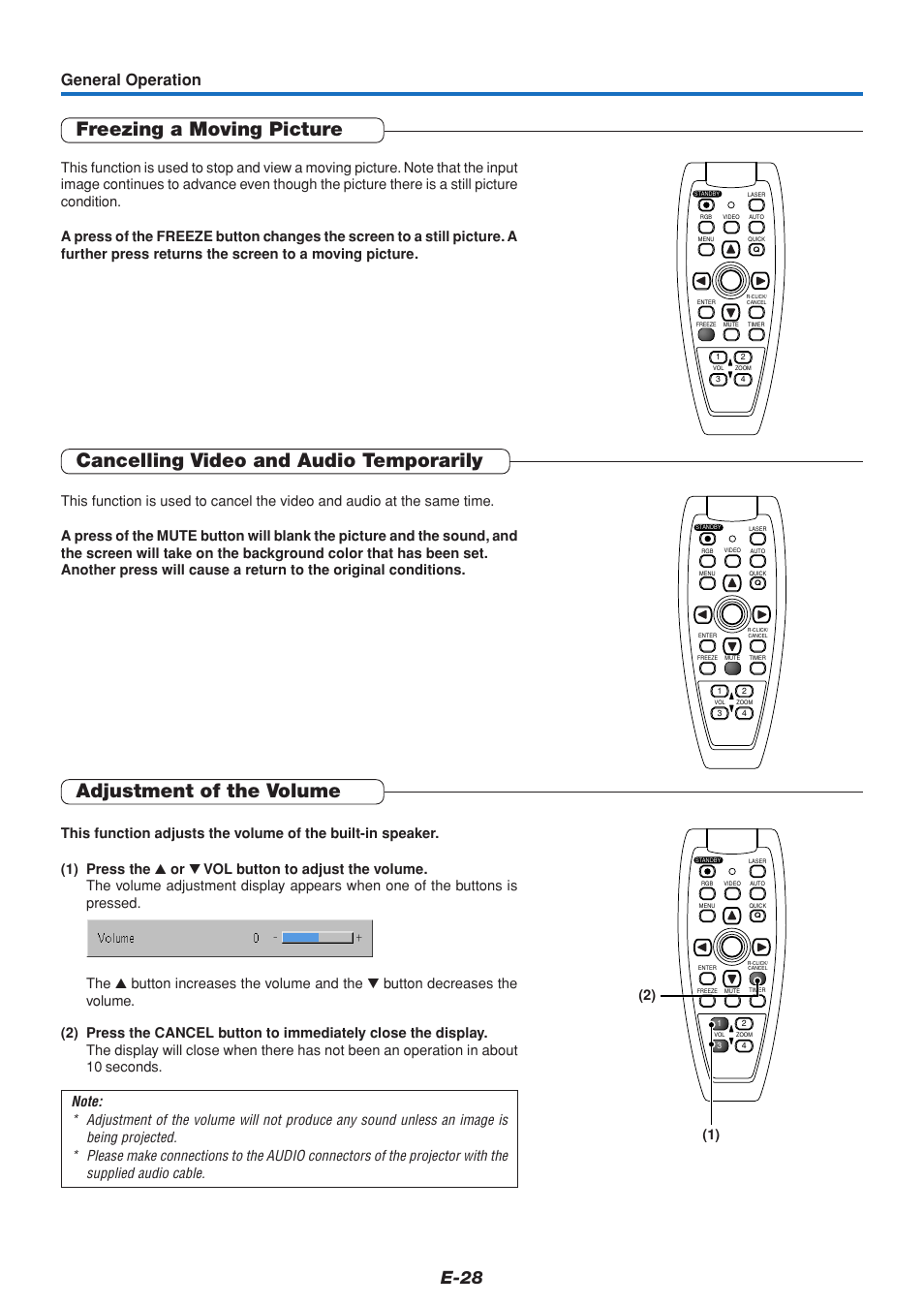 Freezing a moving picture, Cancelling video and audio temporarily, Adjustment of the volume | E-28, General operation | MITSUBISHI ELECTRIC DATA PROJECTOR User Manual | Page 29 / 68