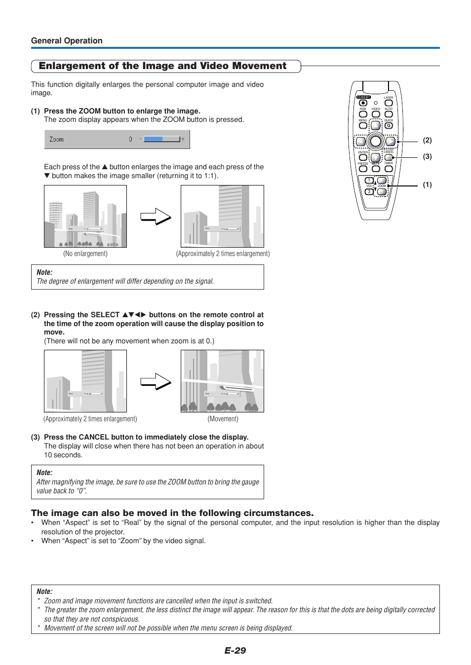 Enlargement of the image and video movement, E-29, General operation | MITSUBISHI ELECTRIC DATA PROJECTOR User Manual | Page 30 / 68