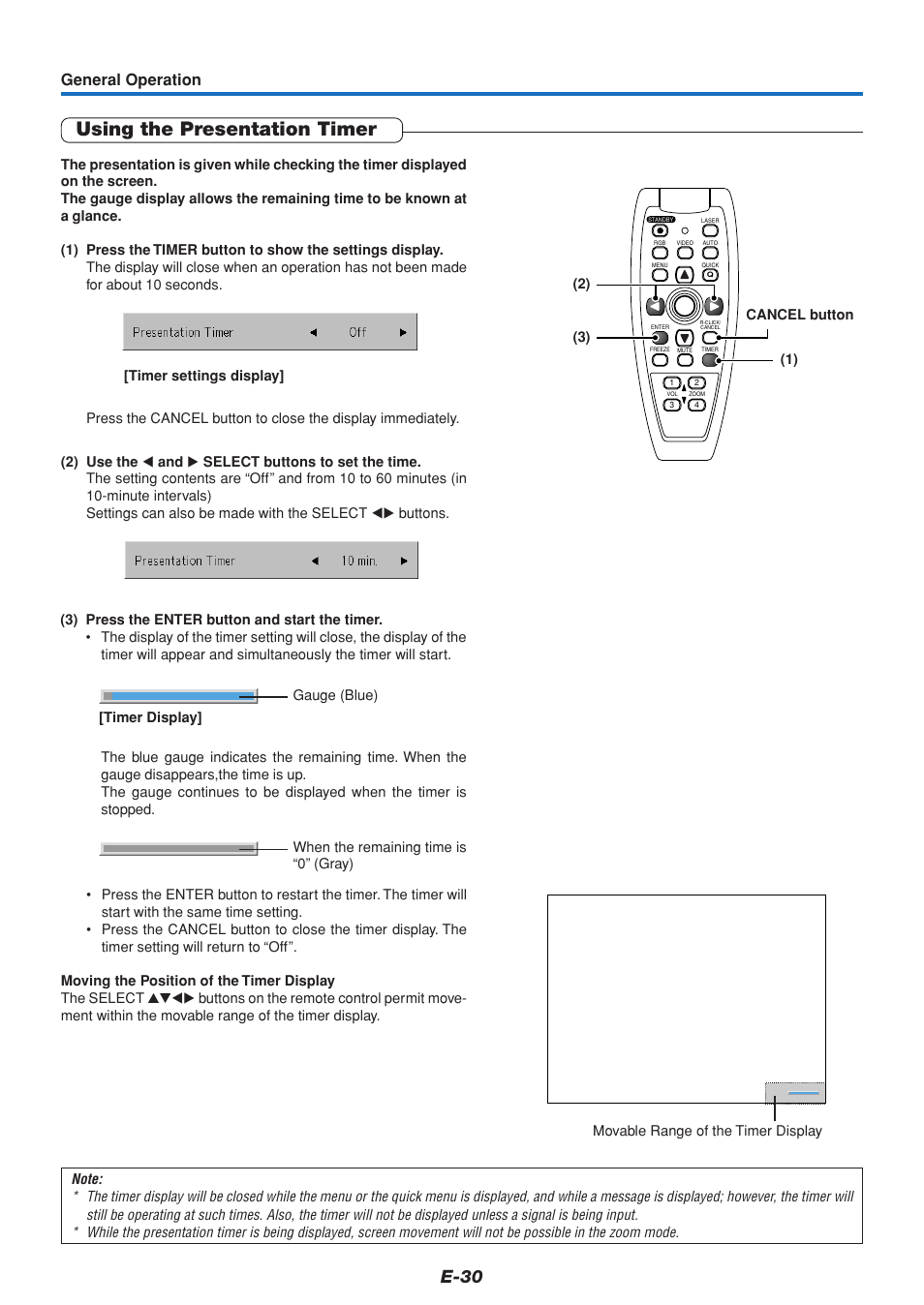 Using the presentation timer, E-30, General operation | MITSUBISHI ELECTRIC DATA PROJECTOR User Manual | Page 31 / 68