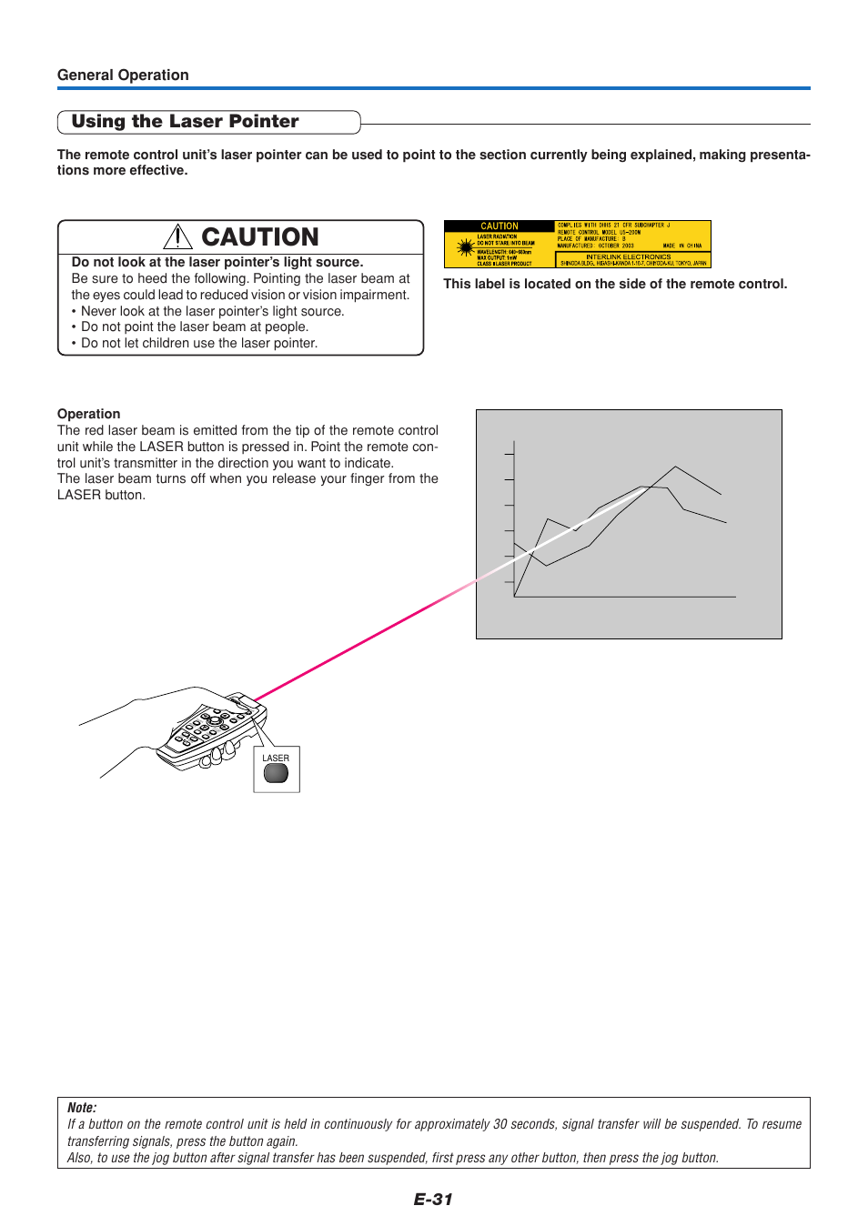 Using the laser pointer, Caution, E-31 | General operation, Laser | MITSUBISHI ELECTRIC DATA PROJECTOR User Manual | Page 32 / 68