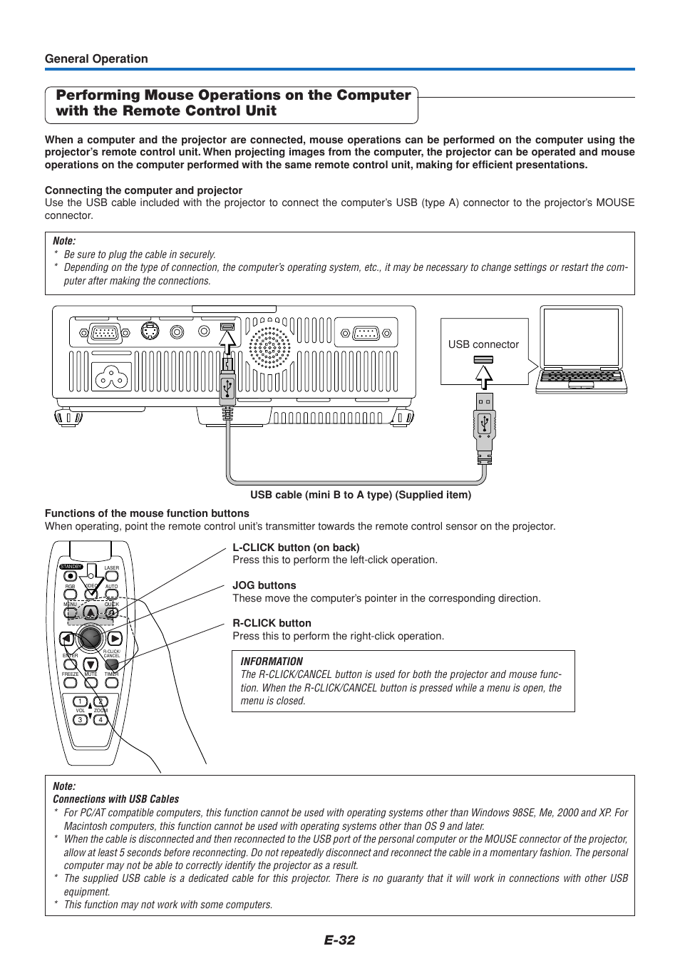 E-32, General operation | MITSUBISHI ELECTRIC DATA PROJECTOR User Manual | Page 33 / 68