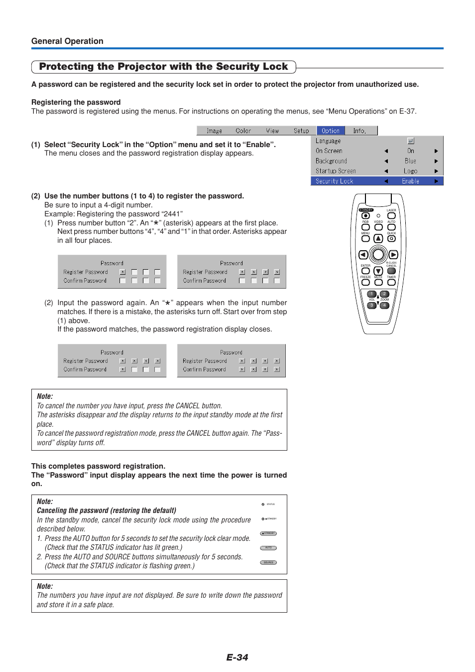 Protecting the projector with the security lock, E-34, General operation | MITSUBISHI ELECTRIC DATA PROJECTOR User Manual | Page 35 / 68