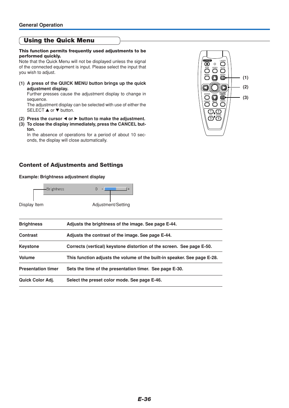 Using the quick menu, E-36, Content of adjustments and settings | General operation | MITSUBISHI ELECTRIC DATA PROJECTOR User Manual | Page 37 / 68