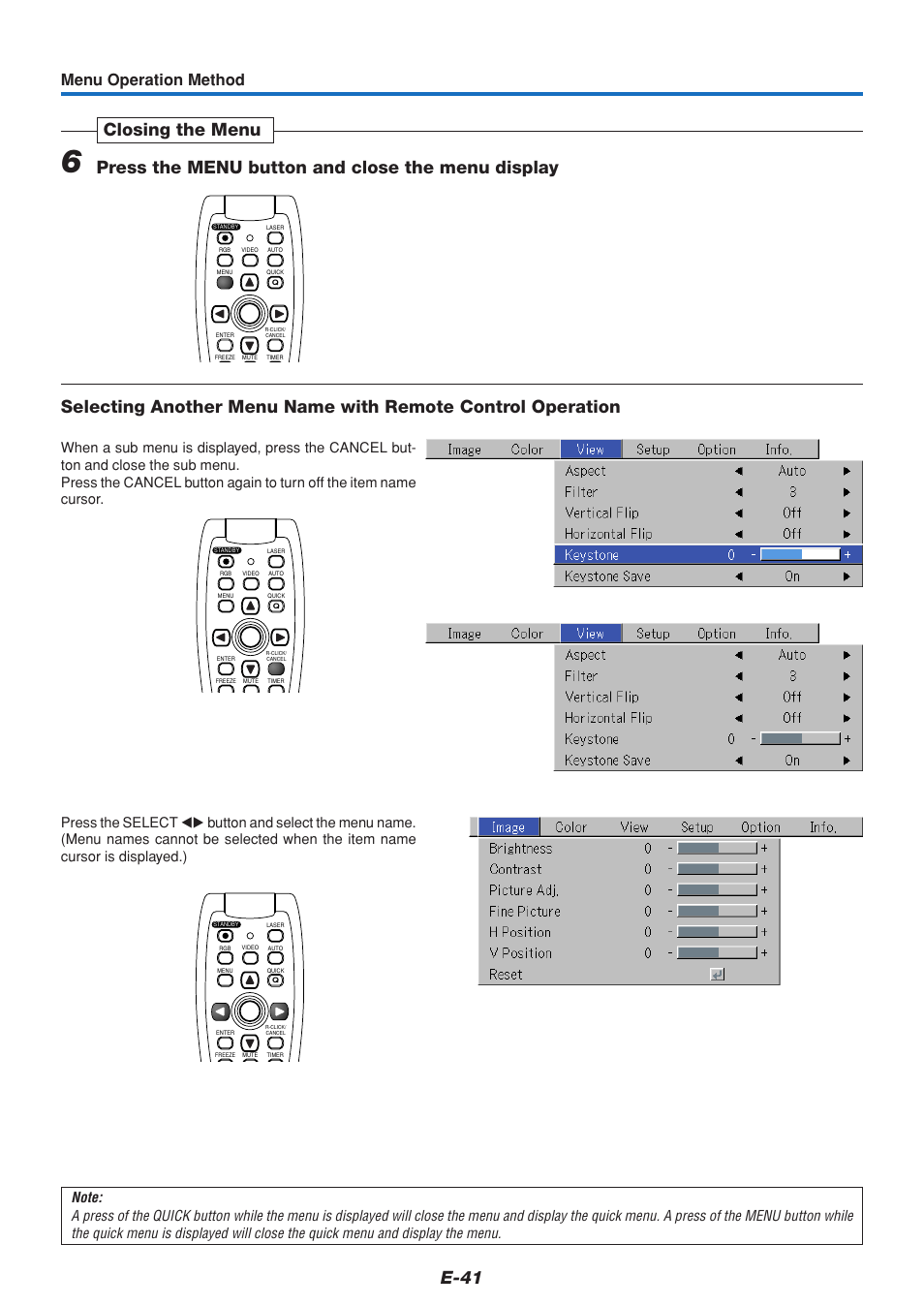 E-41, Menu operation method | MITSUBISHI ELECTRIC DATA PROJECTOR User Manual | Page 42 / 68