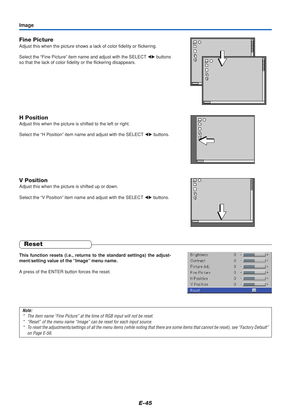 Reset | MITSUBISHI ELECTRIC DATA PROJECTOR User Manual | Page 46 / 68