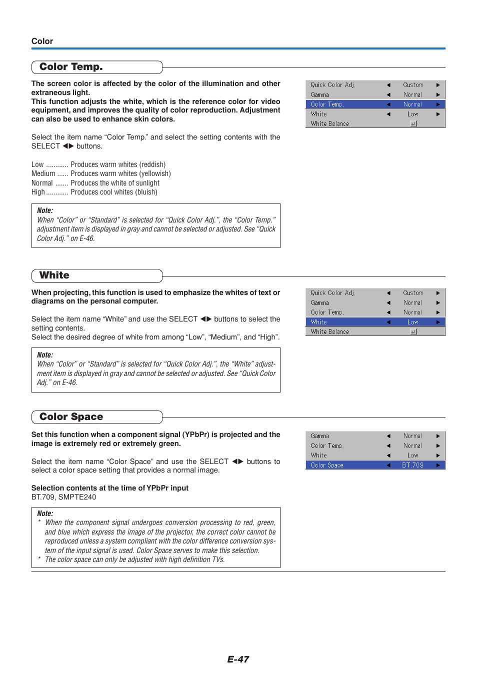 Color temp, White, Color space | MITSUBISHI ELECTRIC DATA PROJECTOR User Manual | Page 48 / 68