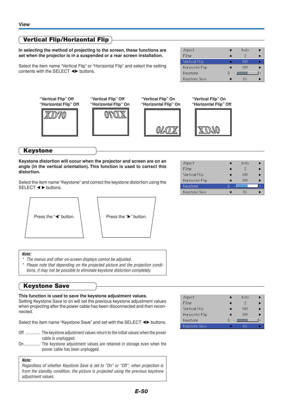 Vertical flip/horizontal flip, Keystone, Keystone save | Xd70 | MITSUBISHI ELECTRIC DATA PROJECTOR User Manual | Page 51 / 68
