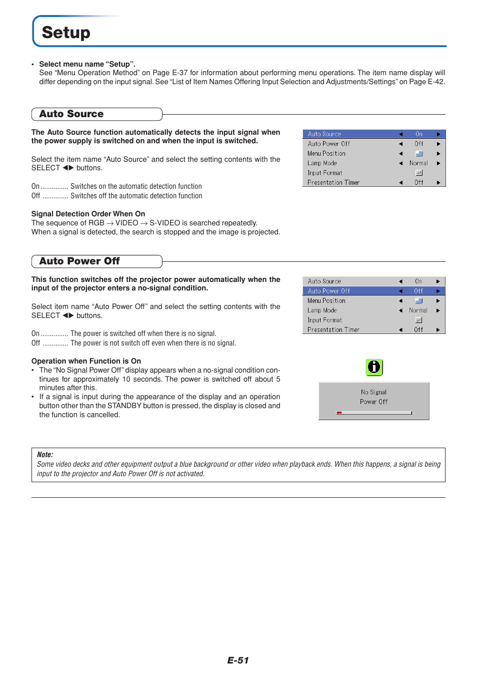 Setup, Auto source, Auto power off | MITSUBISHI ELECTRIC DATA PROJECTOR User Manual | Page 52 / 68