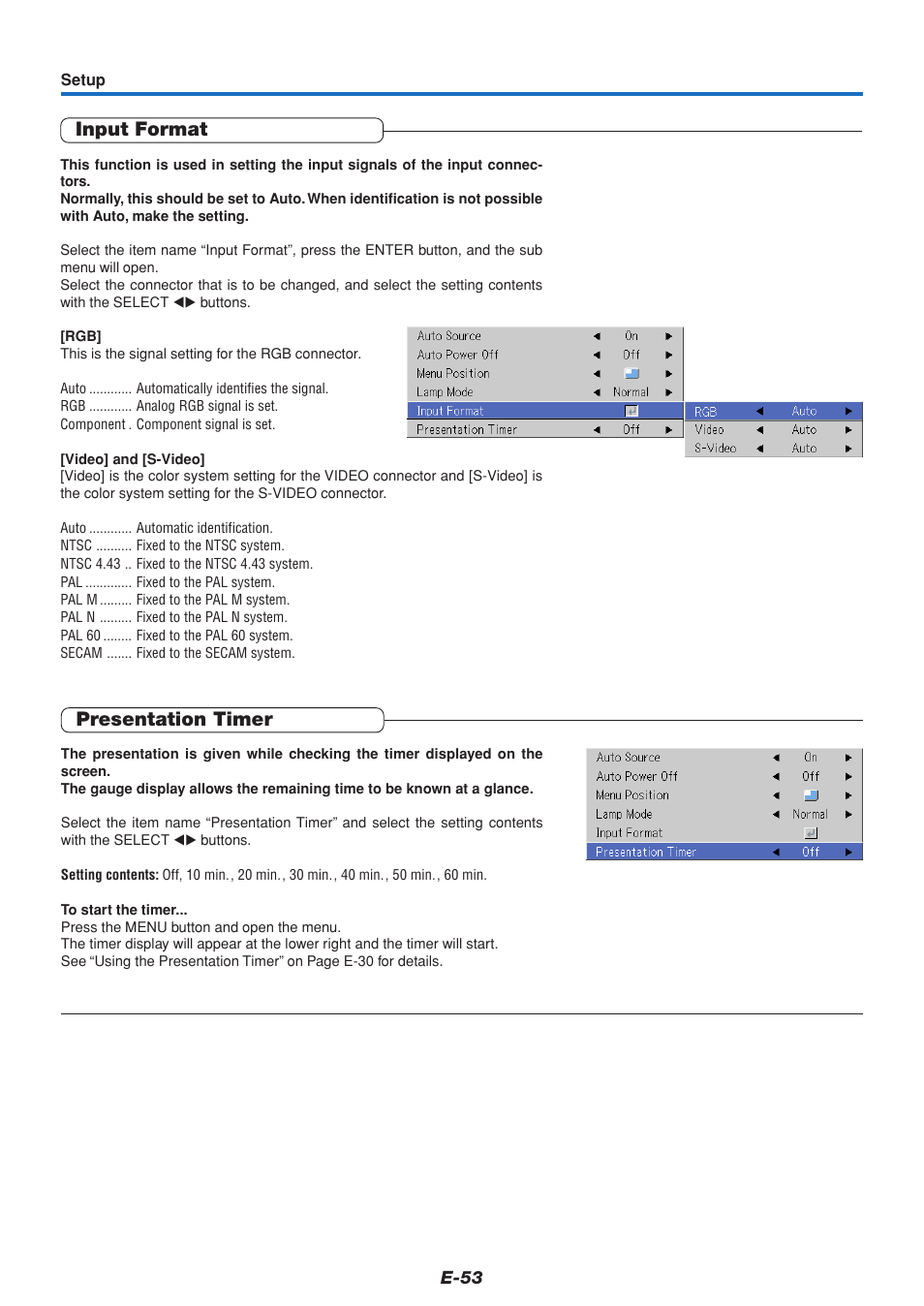 Input format, Presentation timer | MITSUBISHI ELECTRIC DATA PROJECTOR User Manual | Page 54 / 68