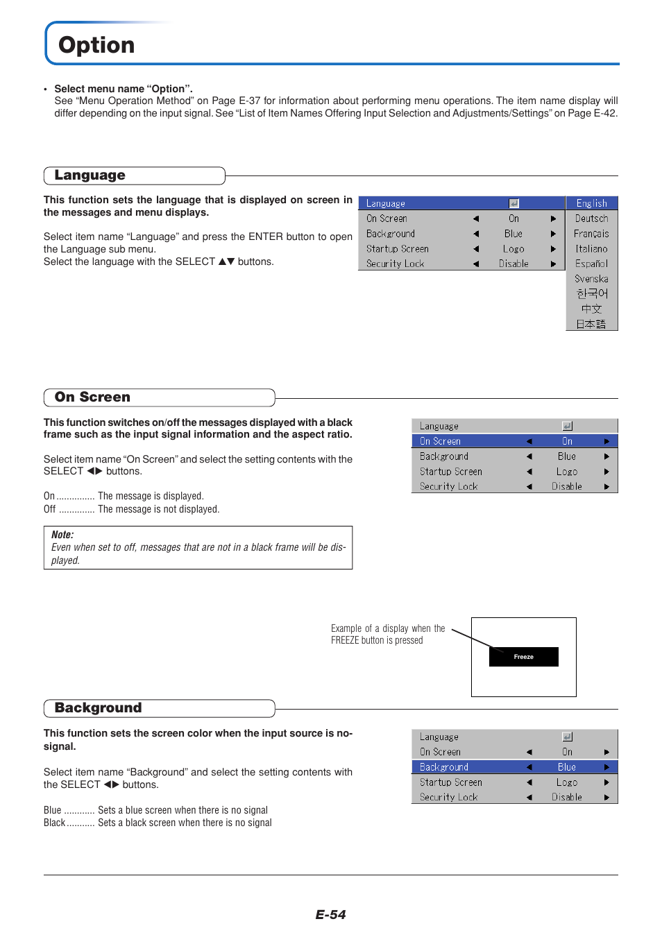 Option, Language, On screen | Background | MITSUBISHI ELECTRIC DATA PROJECTOR User Manual | Page 55 / 68