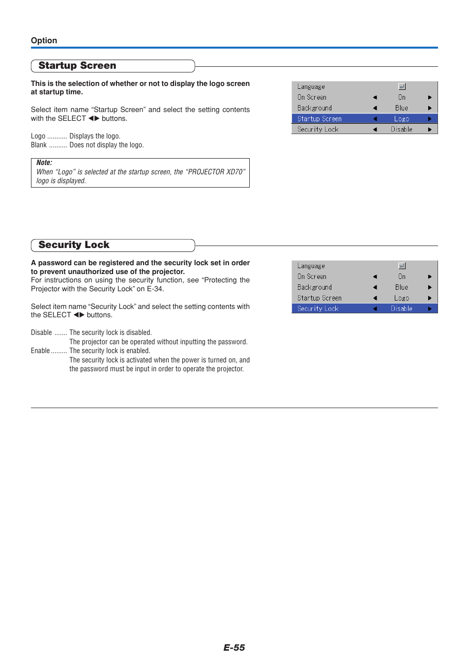 Startup screen, Security lock | MITSUBISHI ELECTRIC DATA PROJECTOR User Manual | Page 56 / 68