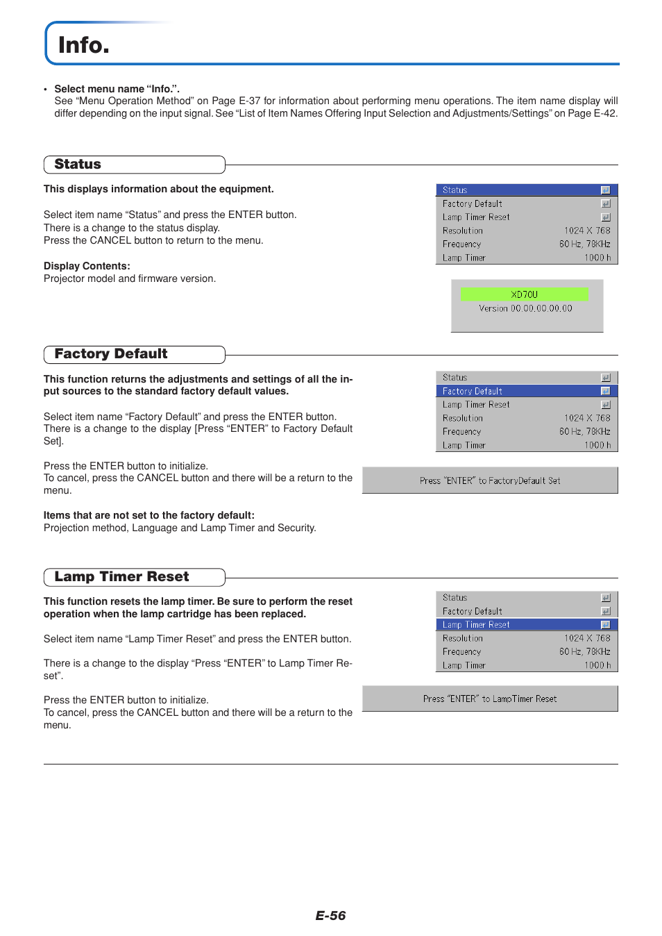 Info, Status, Factory default | Lamp timer reset | MITSUBISHI ELECTRIC DATA PROJECTOR User Manual | Page 57 / 68