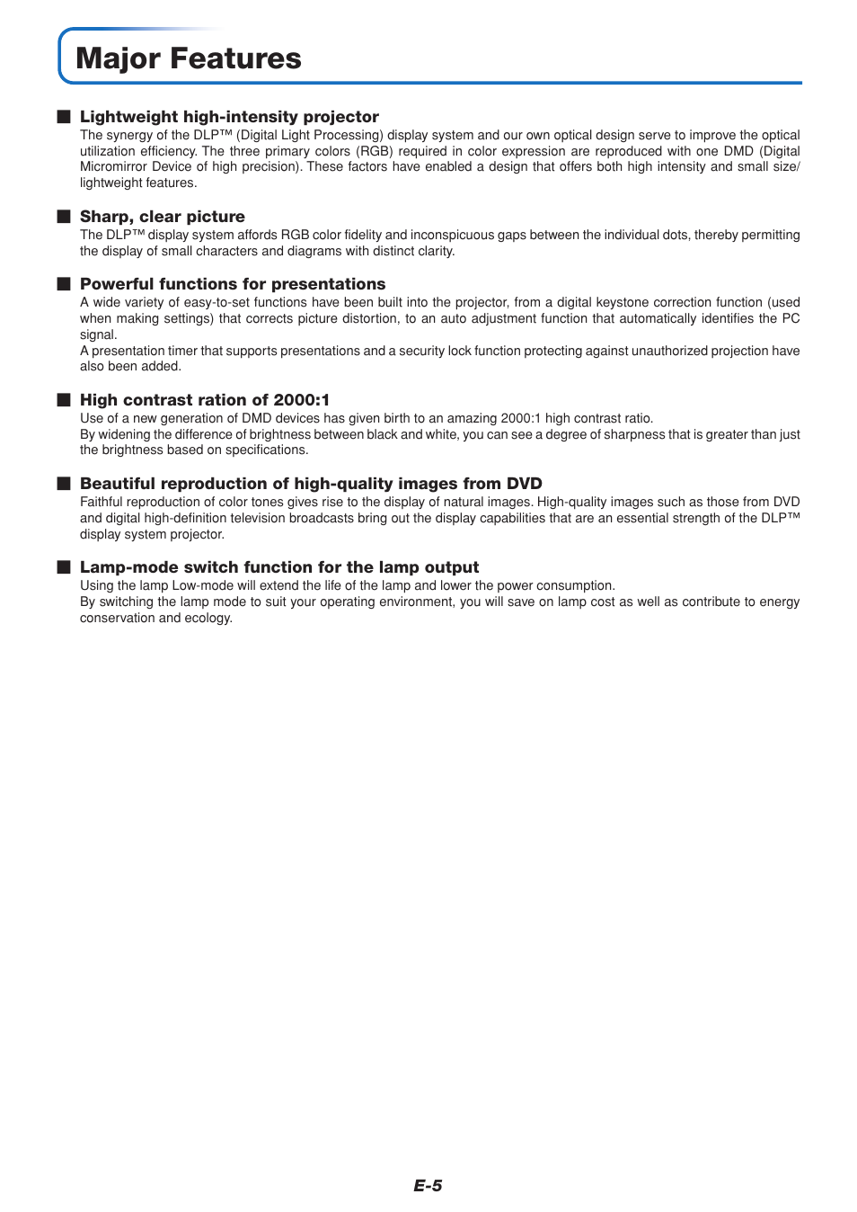 Major features | MITSUBISHI ELECTRIC DATA PROJECTOR User Manual | Page 6 / 68