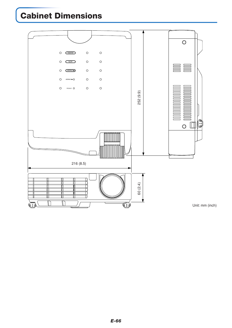 Cabinet dimensions, E-66 | MITSUBISHI ELECTRIC DATA PROJECTOR User Manual | Page 67 / 68