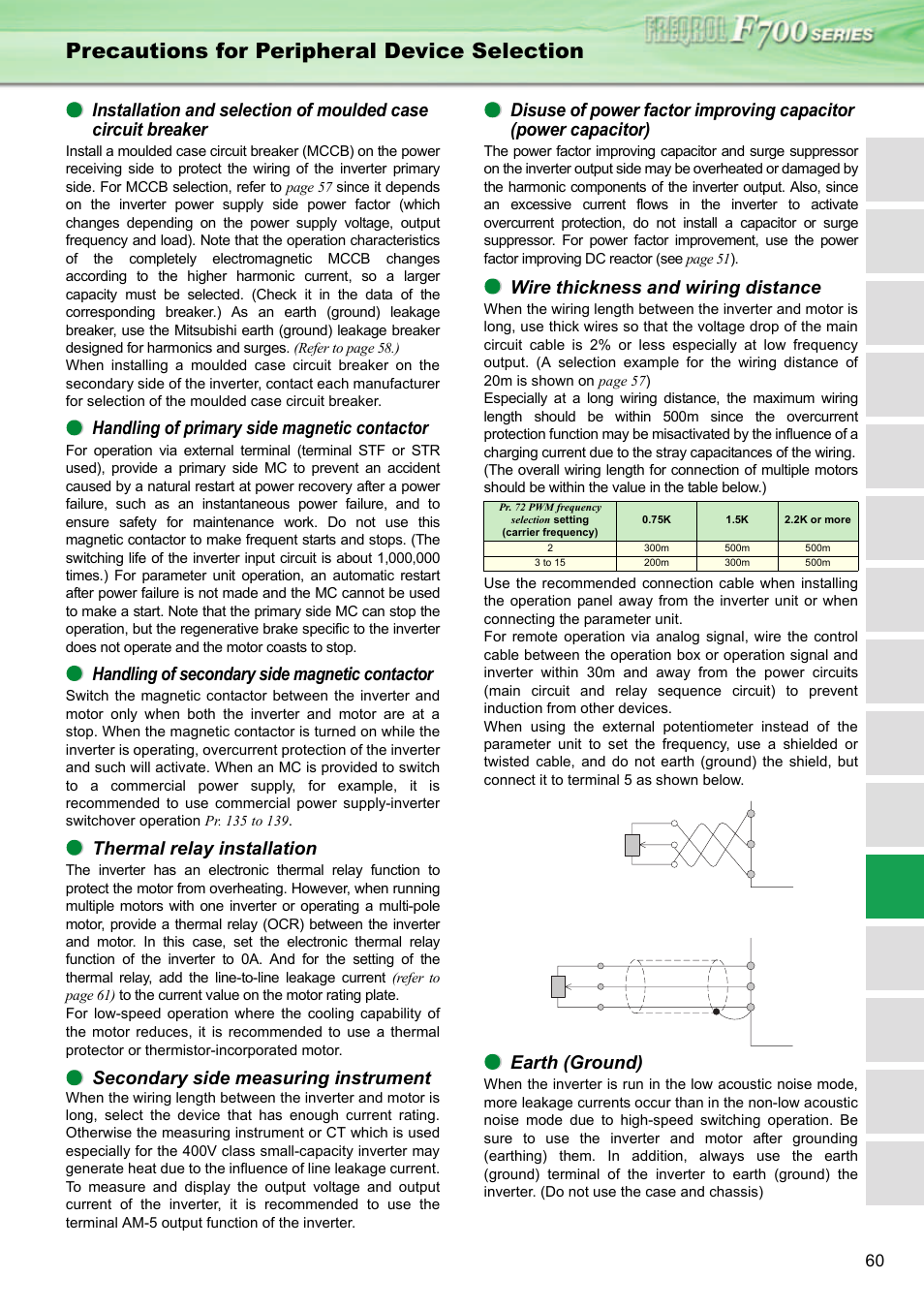 Precautions for peripheral device selection, Handling of primary side magnetic contactor, Handling of secondary side magnetic contactor | Thermal relay installation, Secondary side measuring instrument, Wire thickness and wiring distance, Earth (ground) | MITSUBISHI ELECTRIC INVERTER FR-F700 User Manual | Page 59 / 65