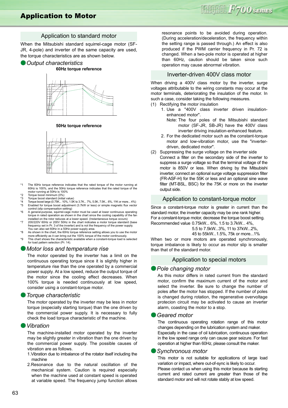 Application to motor, Output characteristics, Motor loss and temperature rise | Torque characteristic, Vibration, Pole changing motor, Geared motor, Synchronous motor, Application to standard motor, 60hz torque reference 50hz torque reference | MITSUBISHI ELECTRIC INVERTER FR-F700 User Manual | Page 62 / 65