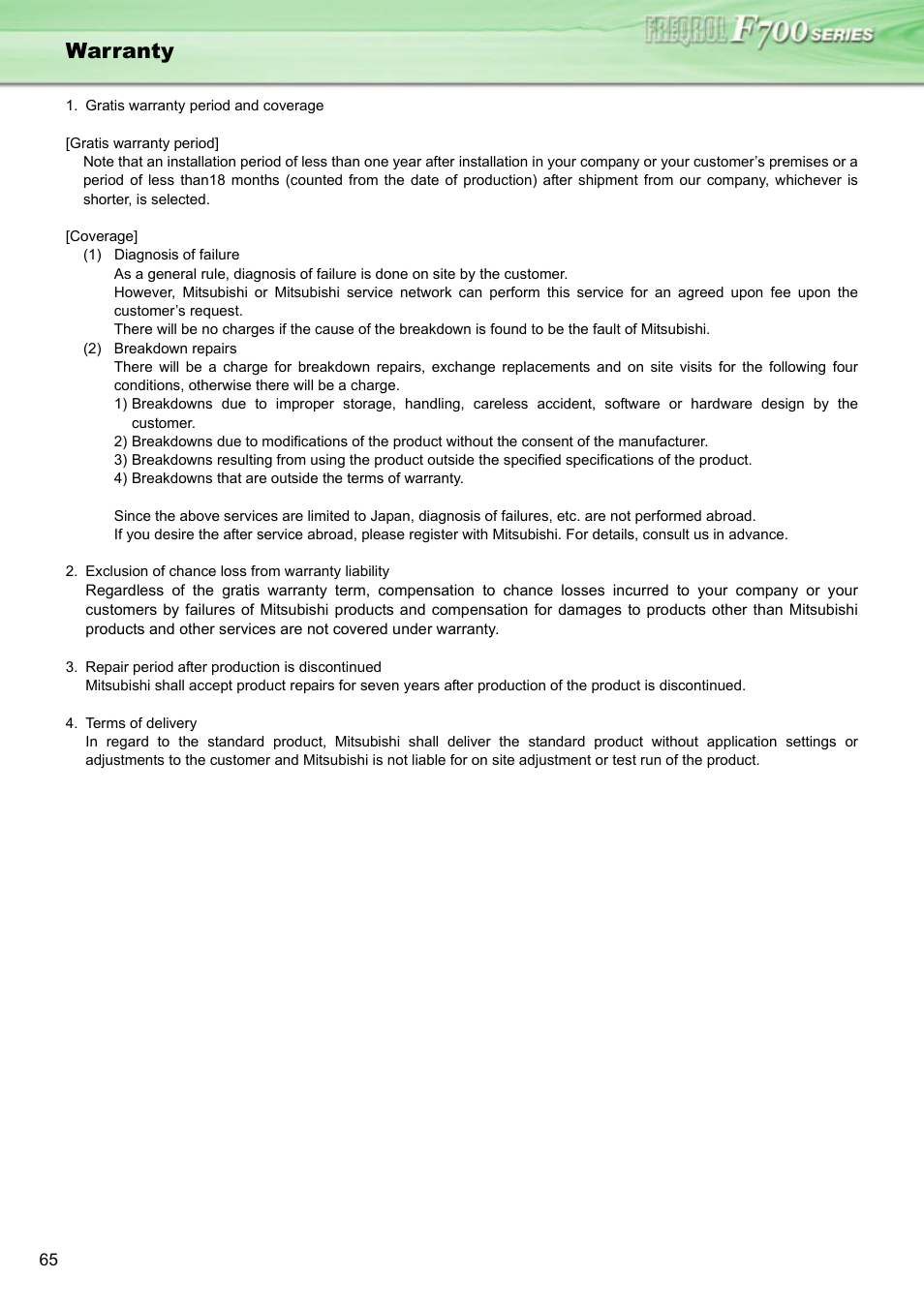 Warranty | MITSUBISHI ELECTRIC INVERTER FR-F700 User Manual | Page 64 / 65