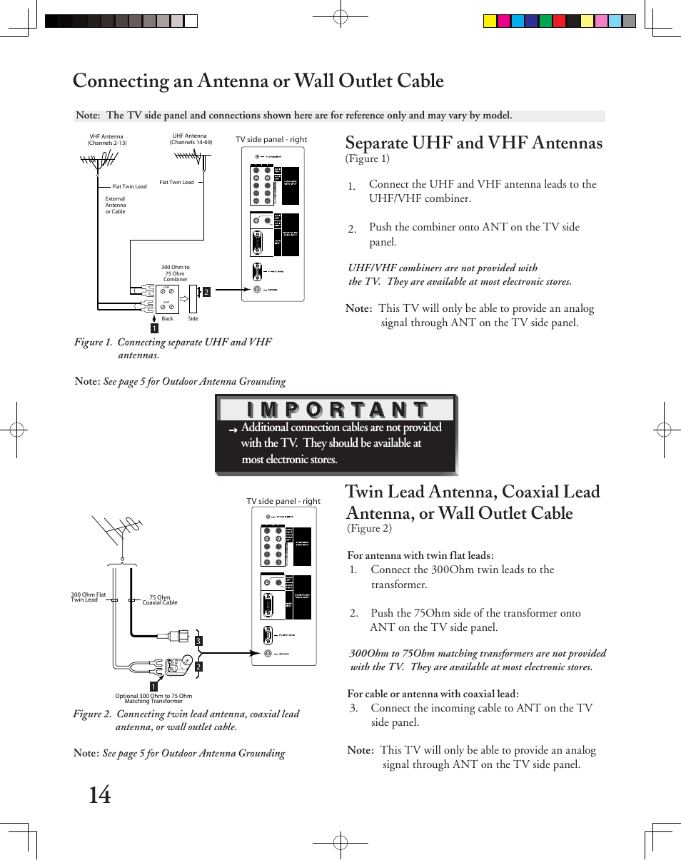 Connecting an antenna or wall outlet cable, Separate uhf and vhf antennas | MITSUBISHI ELECTRIC LT-3050 User Manual | Page 14 / 68