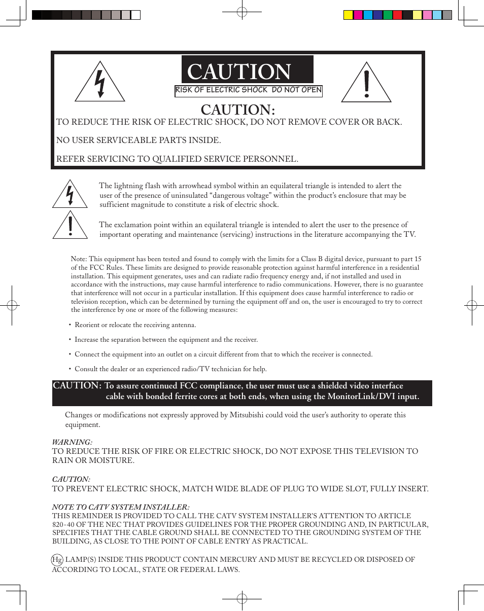 Caution | MITSUBISHI ELECTRIC LT-3050 User Manual | Page 2 / 68