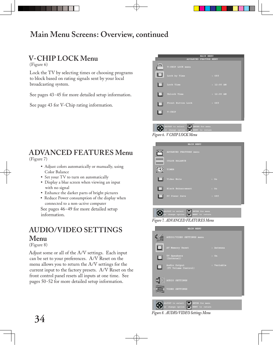 Main menu screens: overview, continued, Audio/video settings menu, V-chip lock menu | Advanced features menu | MITSUBISHI ELECTRIC LT-3050 User Manual | Page 34 / 68