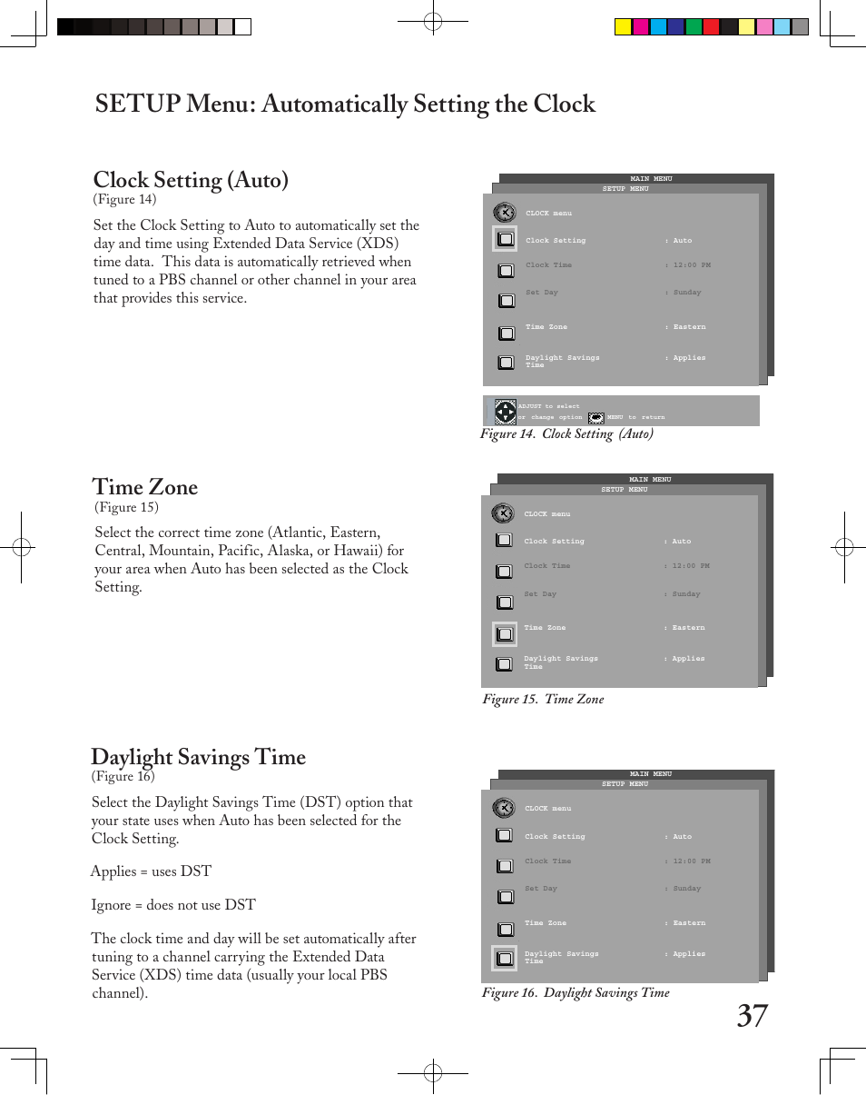 Setup menu: automatically setting the clock, Clock setting (auto), Time zone | Daylight savings time | MITSUBISHI ELECTRIC LT-3050 User Manual | Page 37 / 68