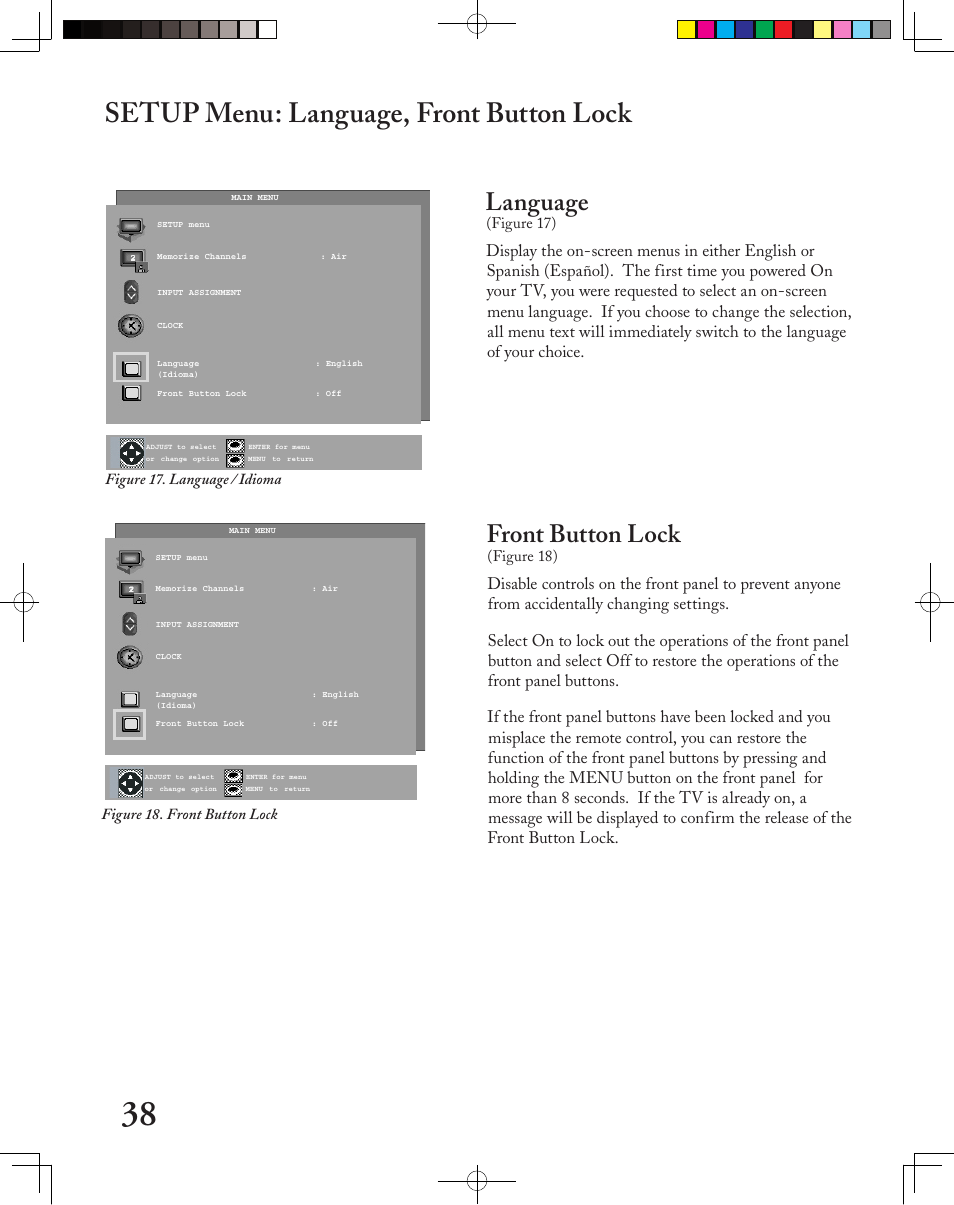 Setup menu: language, front button lock, Language, Front button lock | MITSUBISHI ELECTRIC LT-3050 User Manual | Page 38 / 68