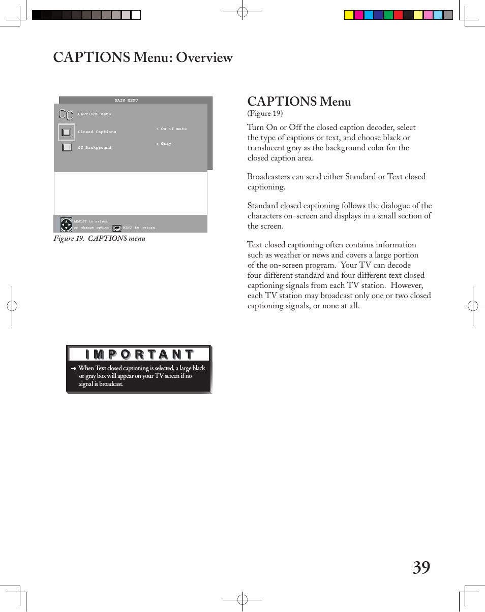 Captions menu: overview, Captions menu | MITSUBISHI ELECTRIC LT-3050 User Manual | Page 39 / 68