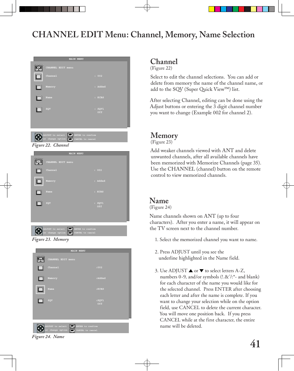 Channel, Name, Figure 22) | Figure 22. channel, Figure 24. name, Figure 23), Figure 24) | MITSUBISHI ELECTRIC LT-3050 User Manual | Page 41 / 68