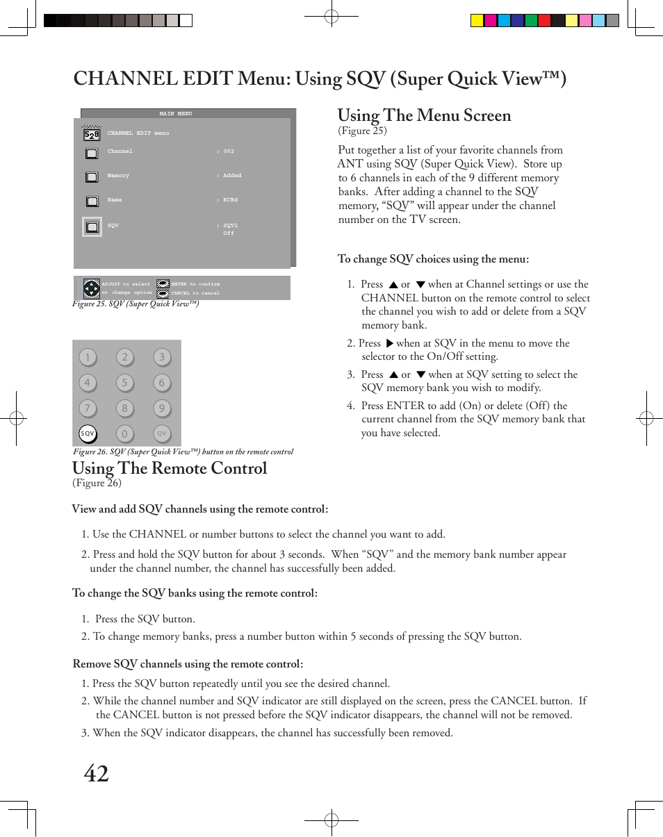 Channel edit menu: using sqv (super quick view™), Using the menu screen, Using the remote control | MITSUBISHI ELECTRIC LT-3050 User Manual | Page 42 / 68