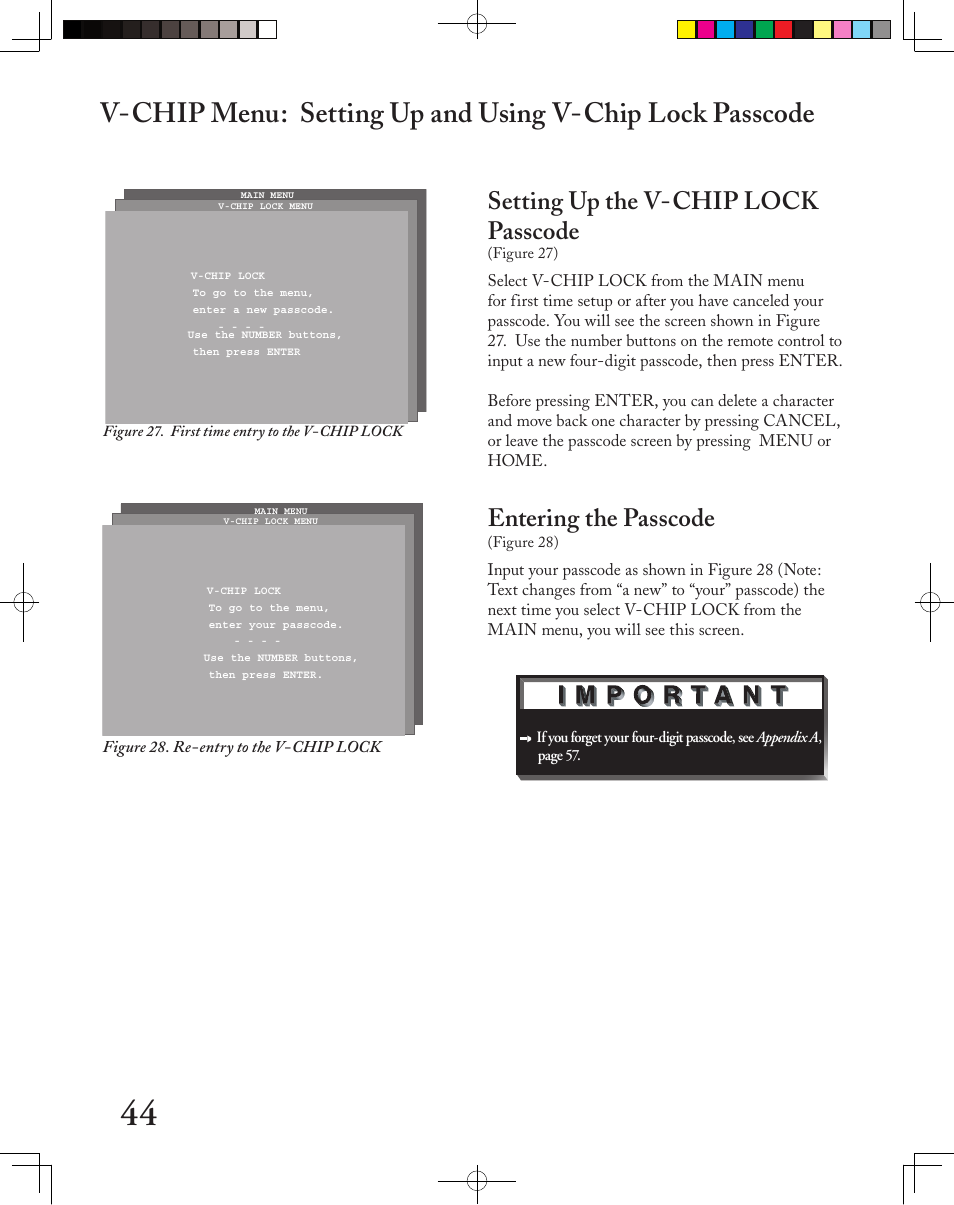 Setting up the v-chip lock passcode, Entering the passcode | MITSUBISHI ELECTRIC LT-3050 User Manual | Page 44 / 68