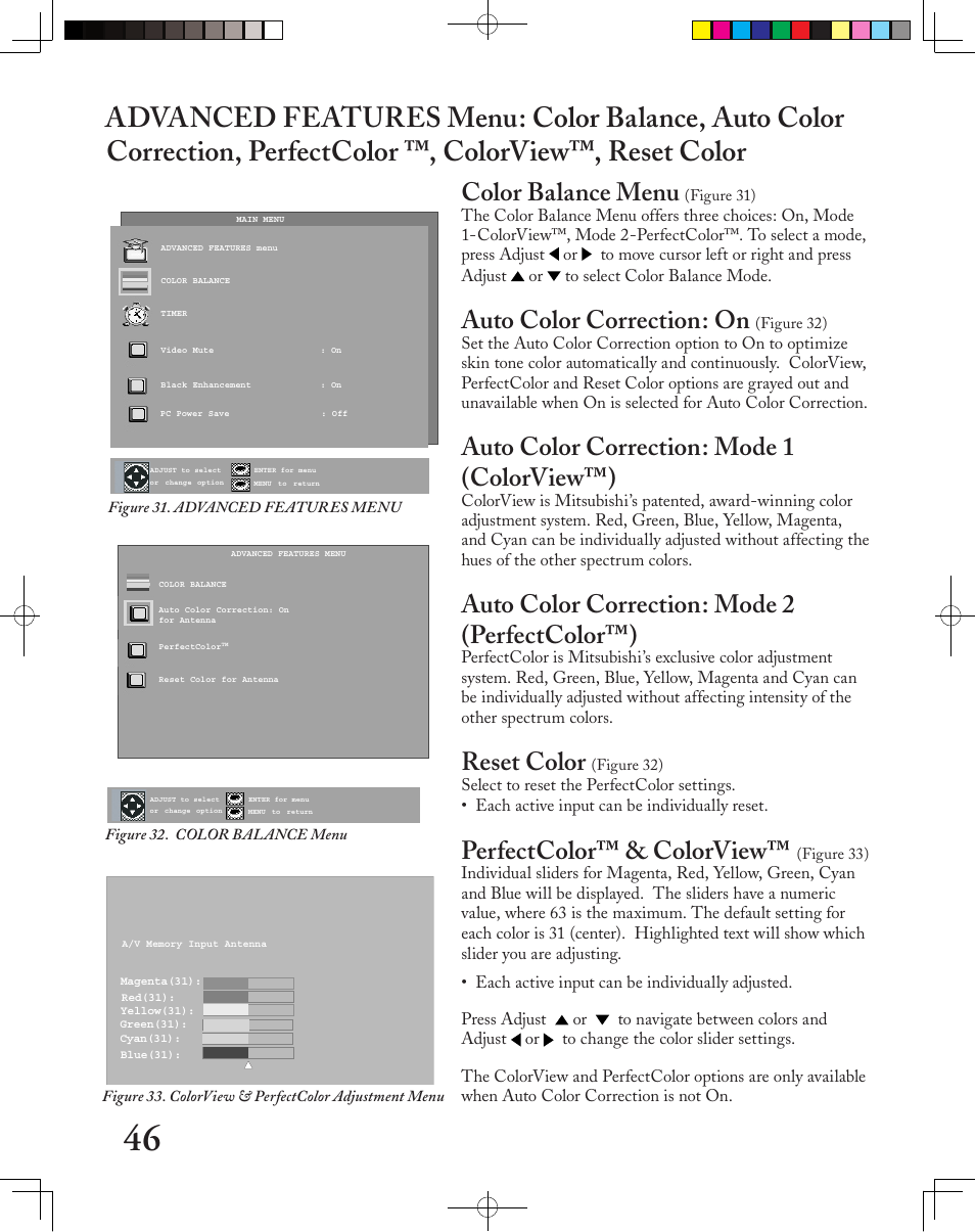 Color balance menu, Auto color correction: on, Auto color correction: mode 1 (colorview™) | Auto color correction: mode 2 (perfectcolor™), Reset color, Perfectcolor™ & colorview | MITSUBISHI ELECTRIC LT-3050 User Manual | Page 46 / 68