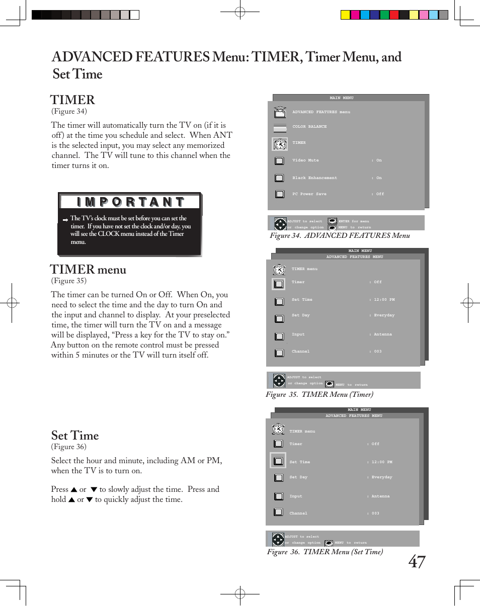 Timer menu, Set time, Timer | MITSUBISHI ELECTRIC LT-3050 User Manual | Page 47 / 68