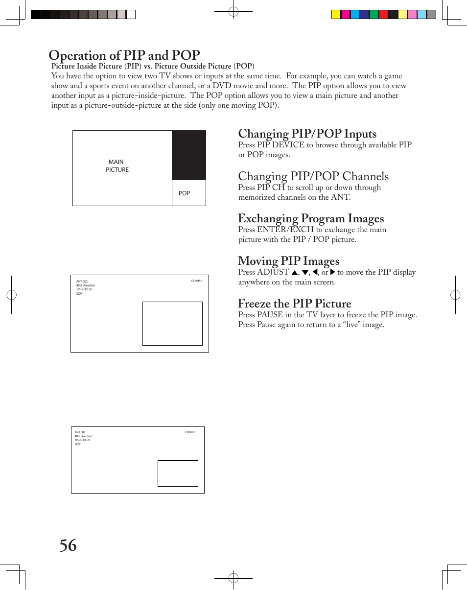 Operation of pip and pop, Changing pip/pop inputs, Changing pip/pop channels | Exchanging program images, Moving pip images, Freeze the pip picture | MITSUBISHI ELECTRIC LT-3050 User Manual | Page 56 / 68