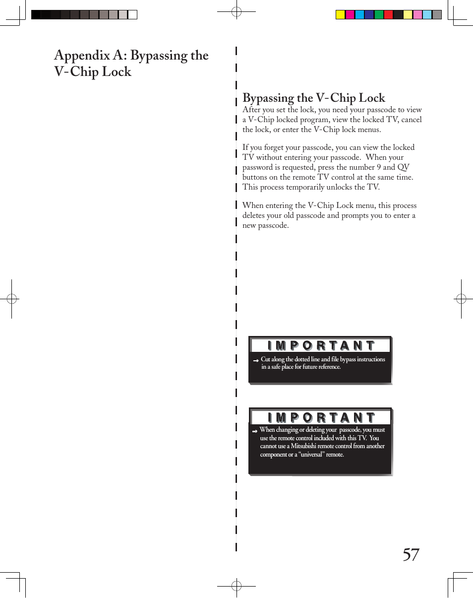 Appendix a: bypassing the v-chip lock, Bypassing the v-chip lock | MITSUBISHI ELECTRIC LT-3050 User Manual | Page 57 / 68