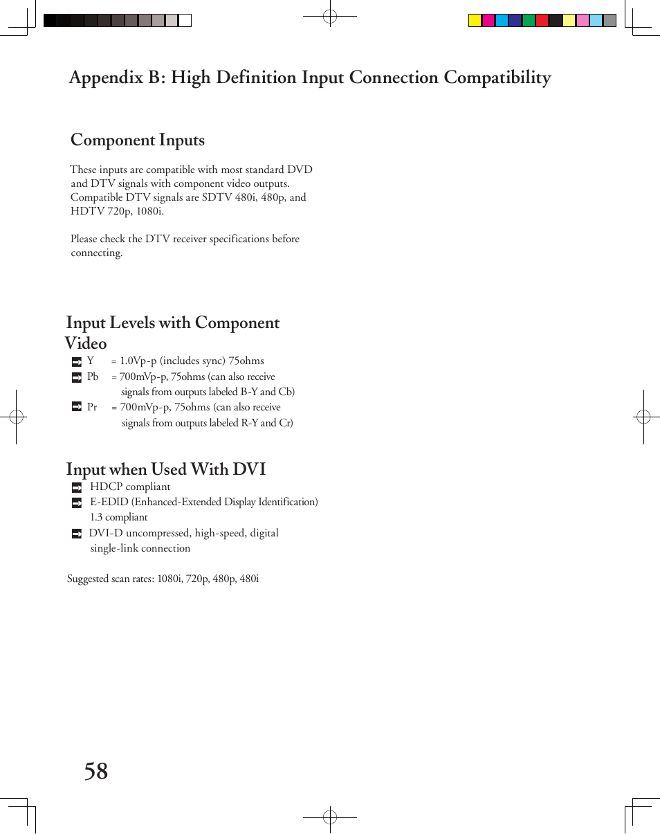 Component inputs, Input levels with component video, Input when used with dvi | MITSUBISHI ELECTRIC LT-3050 User Manual | Page 58 / 68