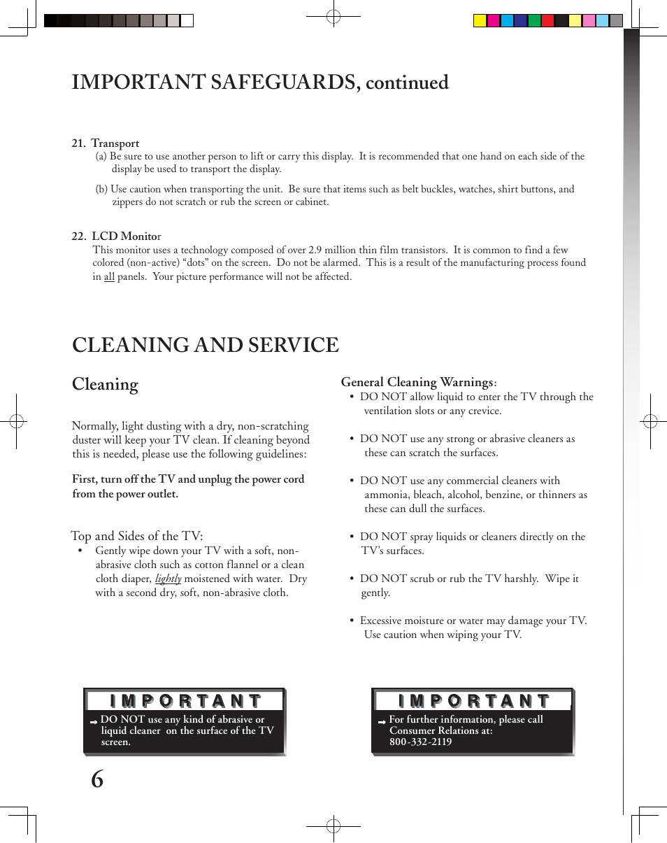 Important safeguards, continued, Cleaning and service, Cleaning | MITSUBISHI ELECTRIC LT-3050 User Manual | Page 6 / 68