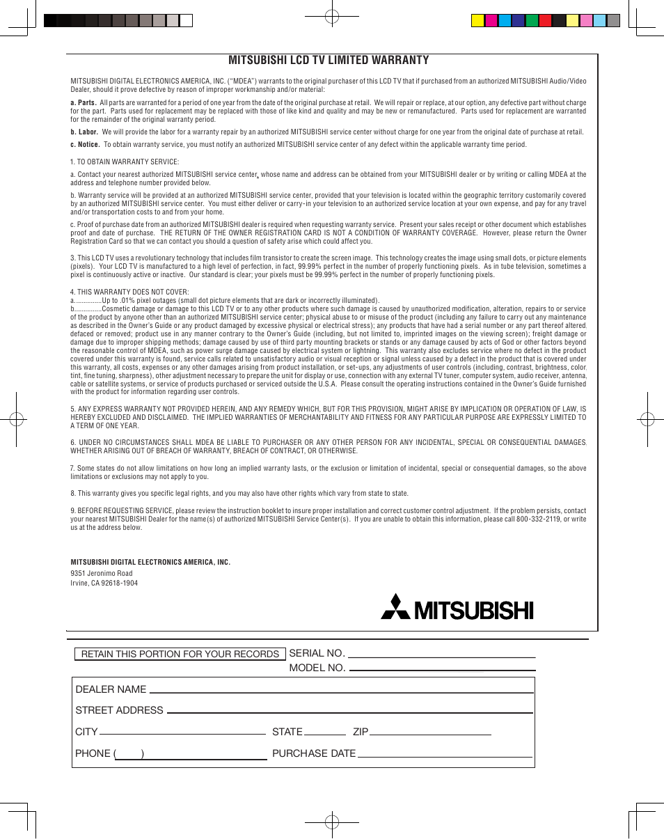 Mitsubishi lcd tv limited warranty | MITSUBISHI ELECTRIC LT-3050 User Manual | Page 67 / 68