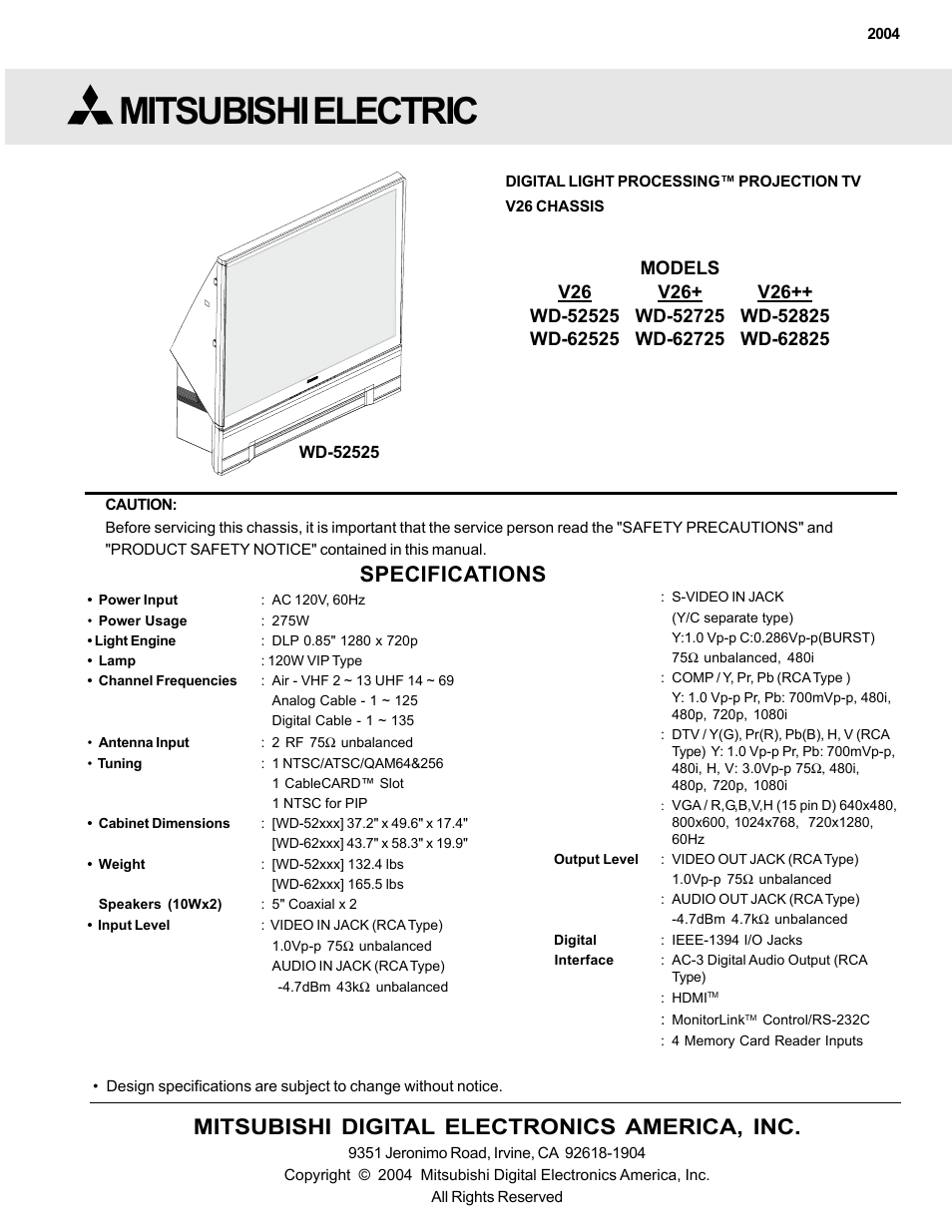 MITSUBISHI ELECTRIC WD-52525 User Manual | 44 pages