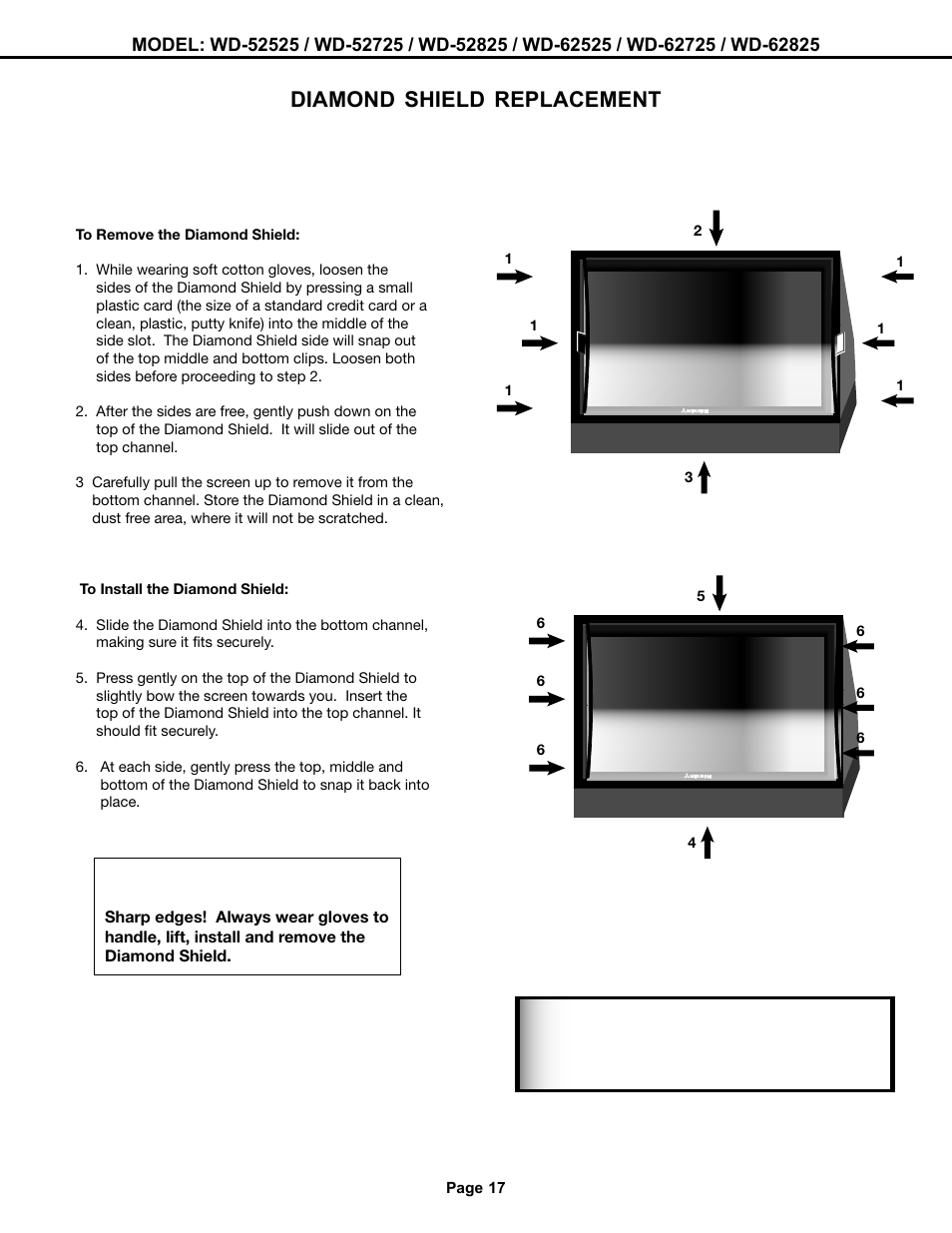 Diamondshield replacement, Warning, Diamond shield replacement | MITSUBISHI ELECTRIC WD-52525 User Manual | Page 17 / 44