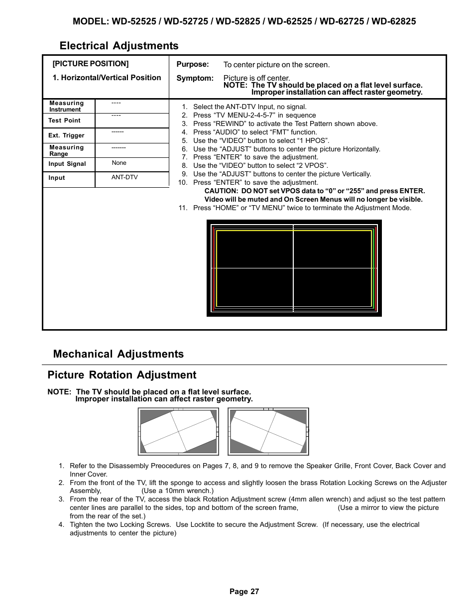 Electrical adjustments, Mechanical adjustments picture rotation adjustment | MITSUBISHI ELECTRIC WD-52525 User Manual | Page 27 / 44